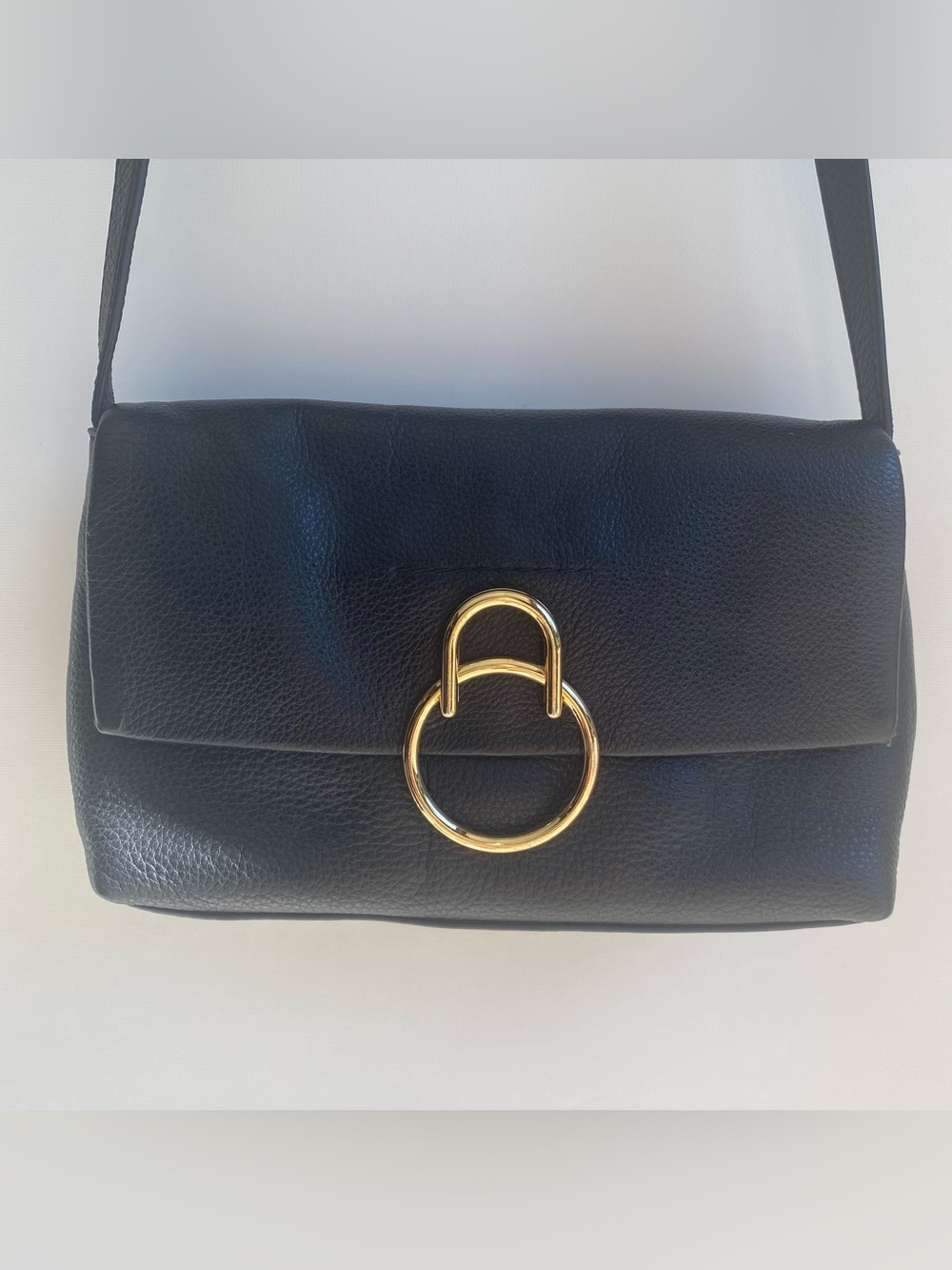 Vince Camuto black pebbled leather crossbody purse gold hardware minimalist chic
